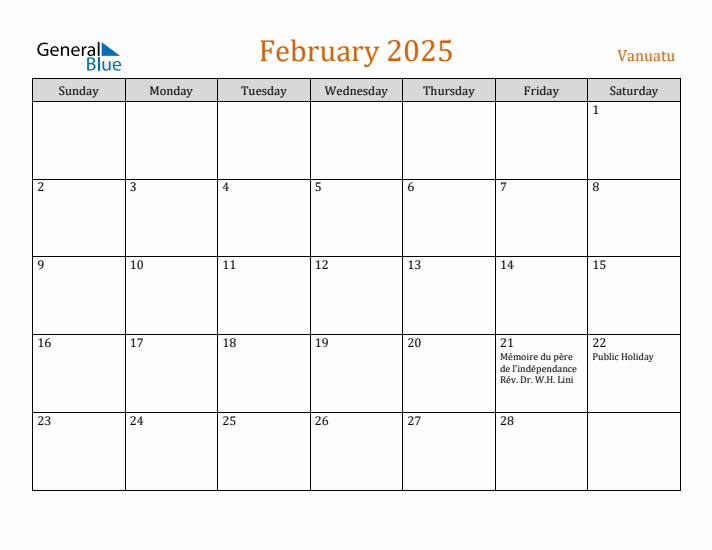February 2025 Holiday Calendar with Sunday Start