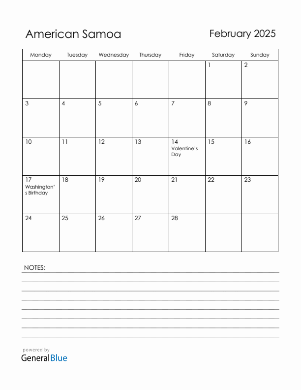 February 2025 American Samoa Calendar with Holidays (Monday Start)