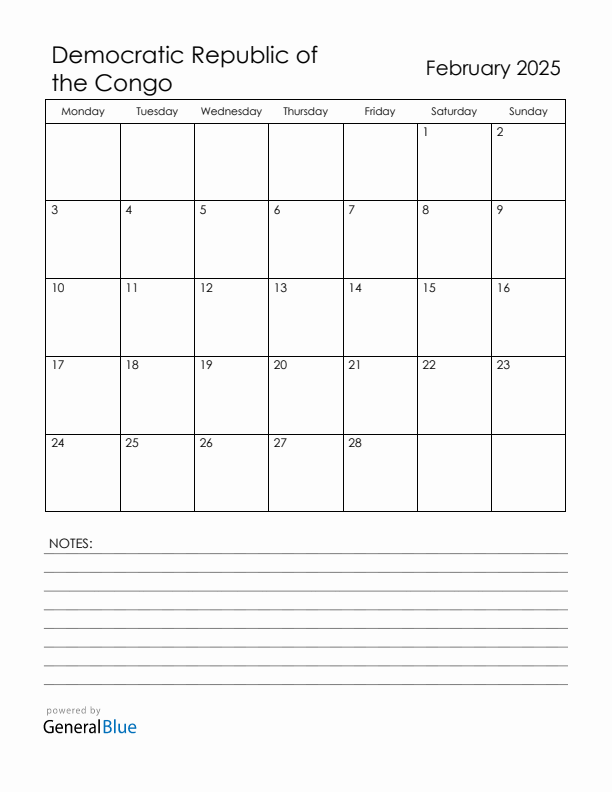 February 2025 Democratic Republic of the Congo Calendar with Holidays (Monday Start)