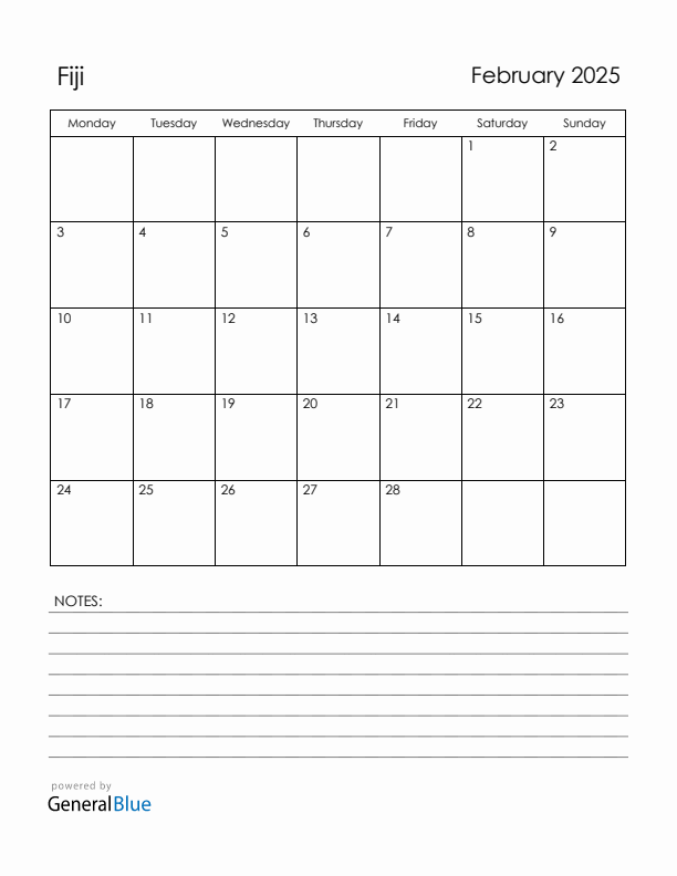 February 2025 Fiji Calendar with Holidays (Monday Start)