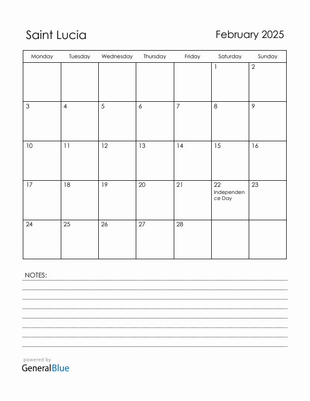 February 2025 Saint Lucia Calendar with Holidays (Monday Start)
