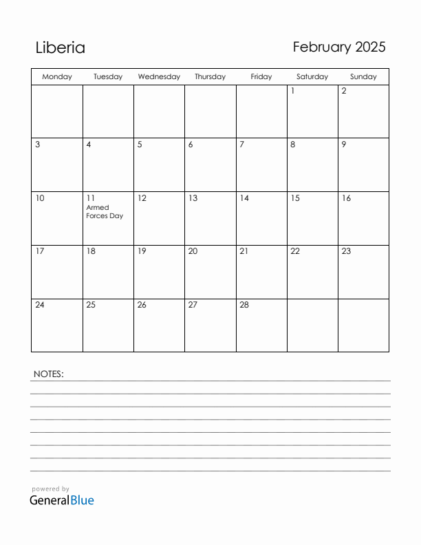 February 2025 Liberia Calendar with Holidays (Monday Start)