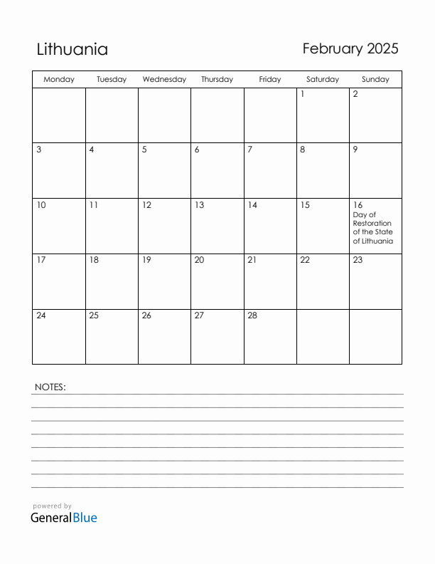 February 2025 Lithuania Calendar with Holidays (Monday Start)