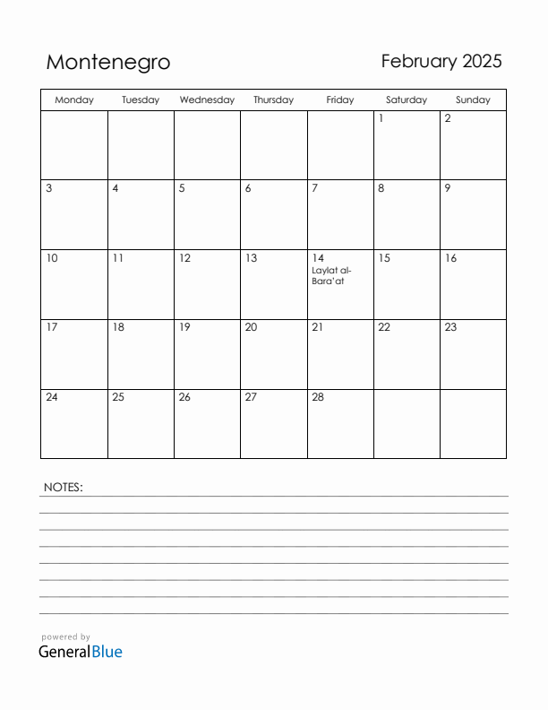 February 2025 Montenegro Calendar with Holidays (Monday Start)