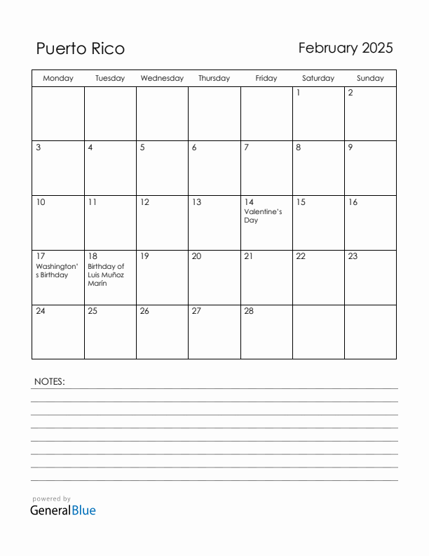 February 2025 Puerto Rico Calendar with Holidays (Monday Start)