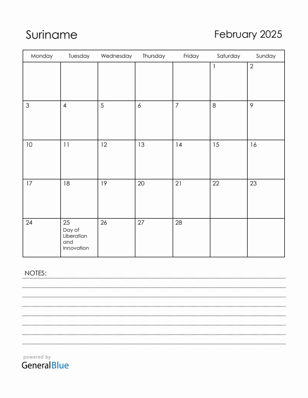 February 2025 Suriname Calendar with Holidays (Monday Start)