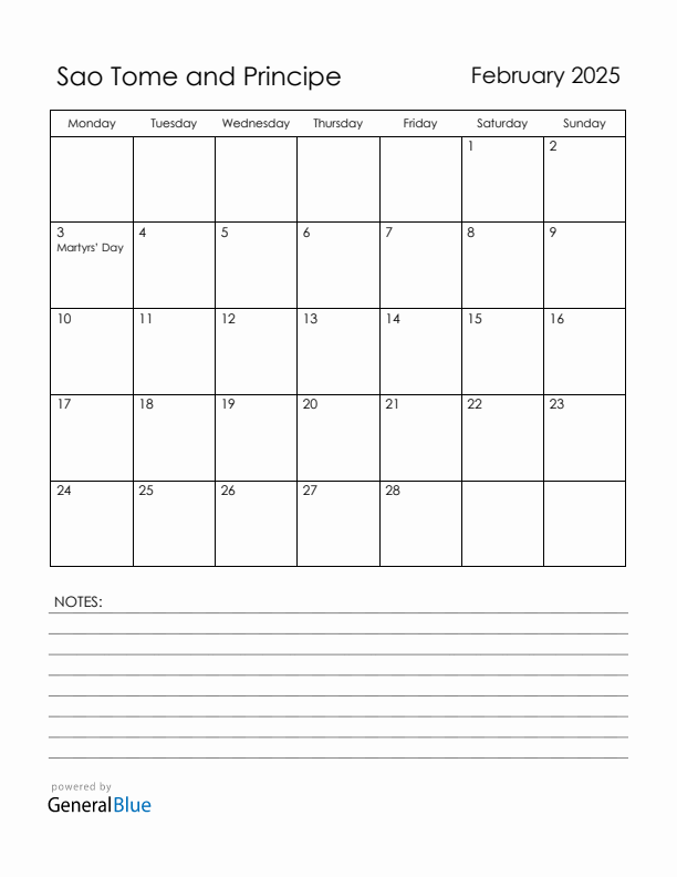 February 2025 Sao Tome and Principe Calendar with Holidays (Monday Start)