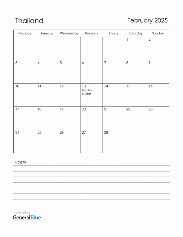 February 2025 Thailand Calendar with Holidays (Monday Start)