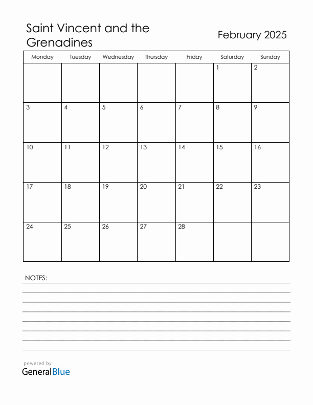 February 2025 Saint Vincent and the Grenadines Calendar with Holidays (Monday Start)
