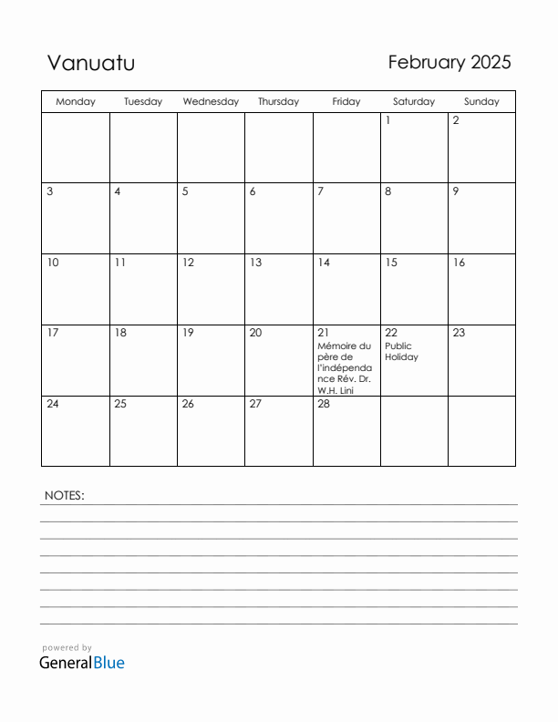February 2025 Vanuatu Calendar with Holidays (Monday Start)
