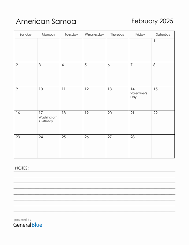 February 2025 American Samoa Calendar with Holidays (Sunday Start)