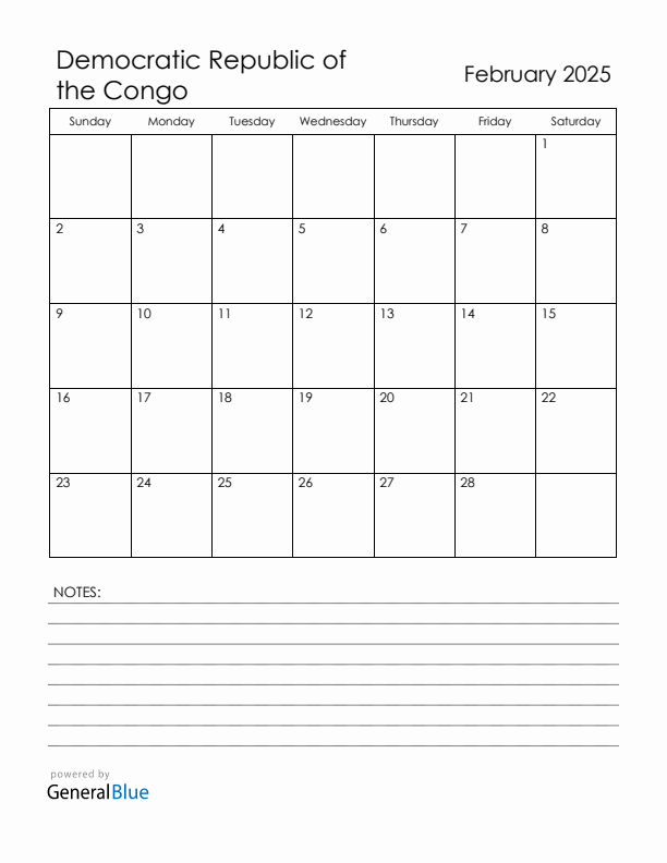 February 2025 Democratic Republic of the Congo Calendar with Holidays (Sunday Start)