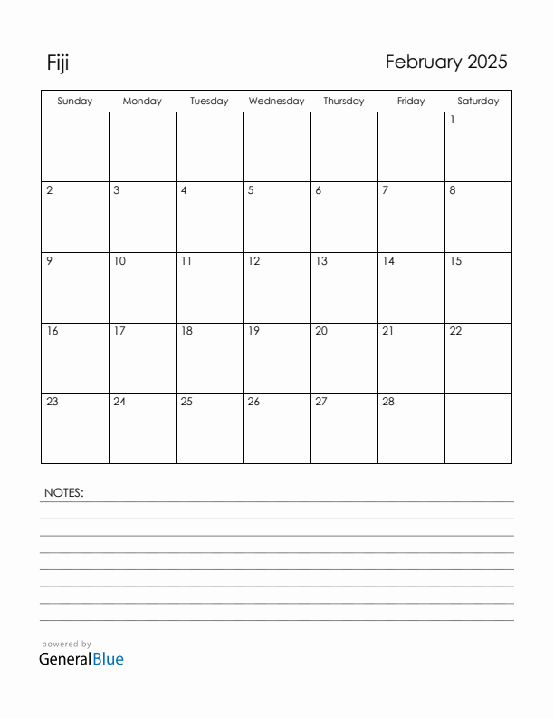 February 2025 Fiji Calendar with Holidays (Sunday Start)