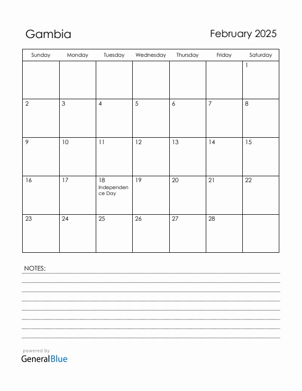 February 2025 Gambia Calendar with Holidays (Sunday Start)