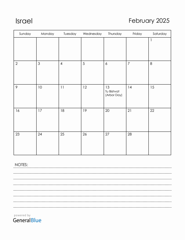 February 2025 Israel Calendar with Holidays (Sunday Start)