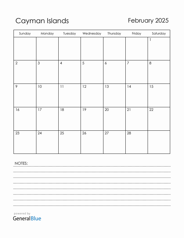 February 2025 Cayman Islands Calendar with Holidays (Sunday Start)