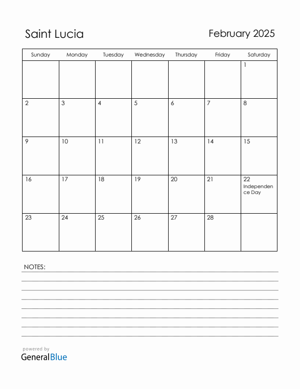 February 2025 Saint Lucia Calendar with Holidays (Sunday Start)