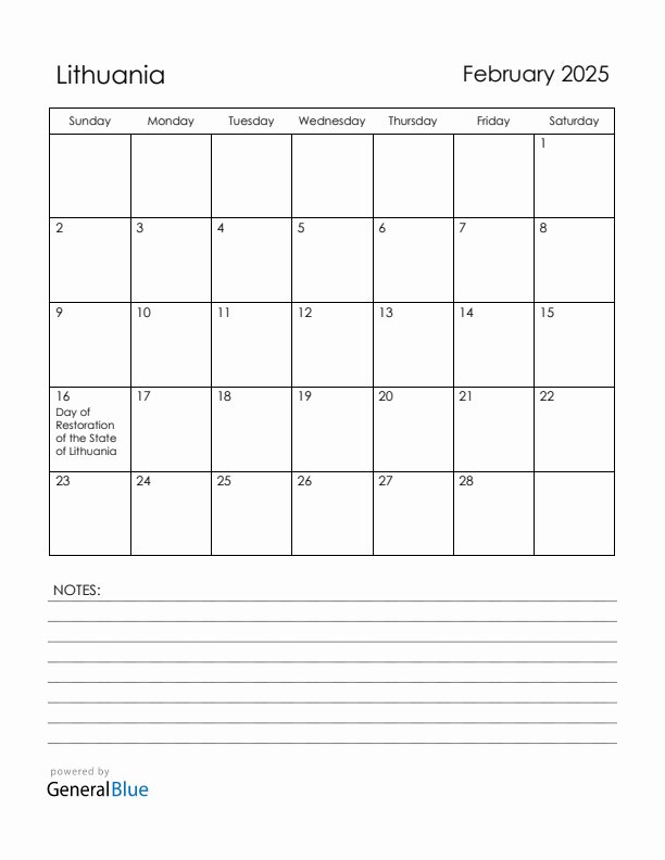 February 2025 Lithuania Calendar with Holidays (Sunday Start)