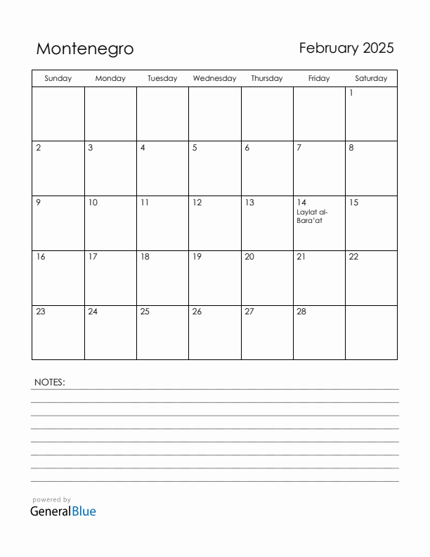 February 2025 Montenegro Calendar with Holidays (Sunday Start)