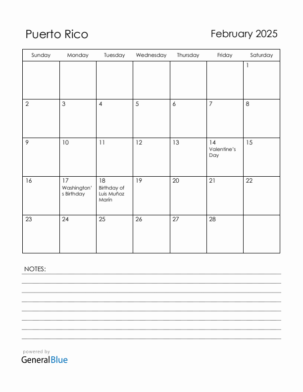 February 2025 Puerto Rico Calendar with Holidays (Sunday Start)