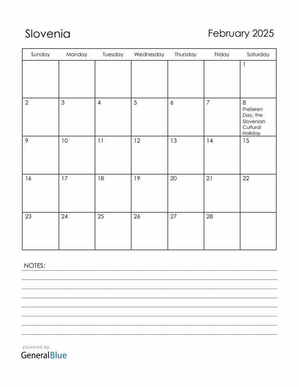 February 2025 Slovenia Calendar with Holidays (Sunday Start)