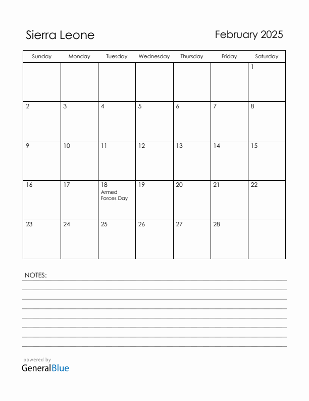 February 2025 Sierra Leone Calendar with Holidays (Sunday Start)