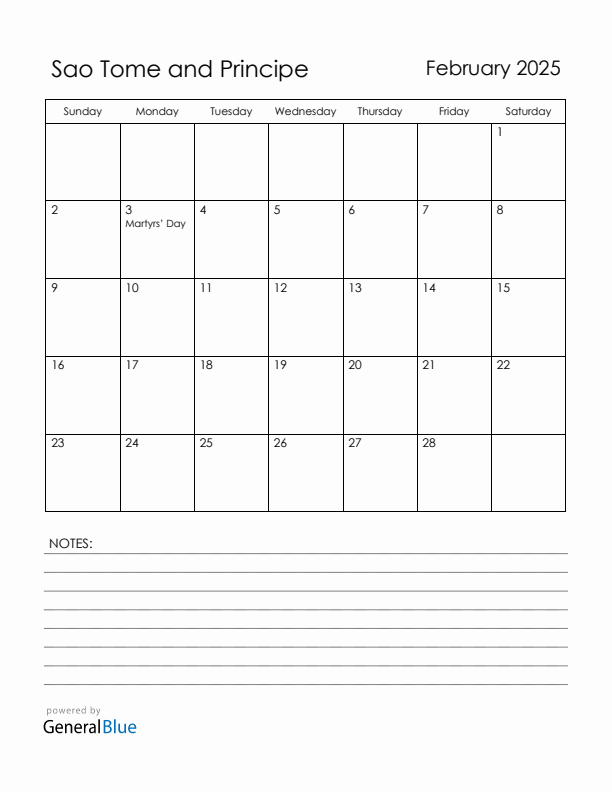 February 2025 Sao Tome and Principe Calendar with Holidays (Sunday Start)