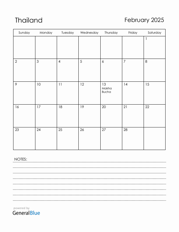 February 2025 Thailand Calendar with Holidays (Sunday Start)
