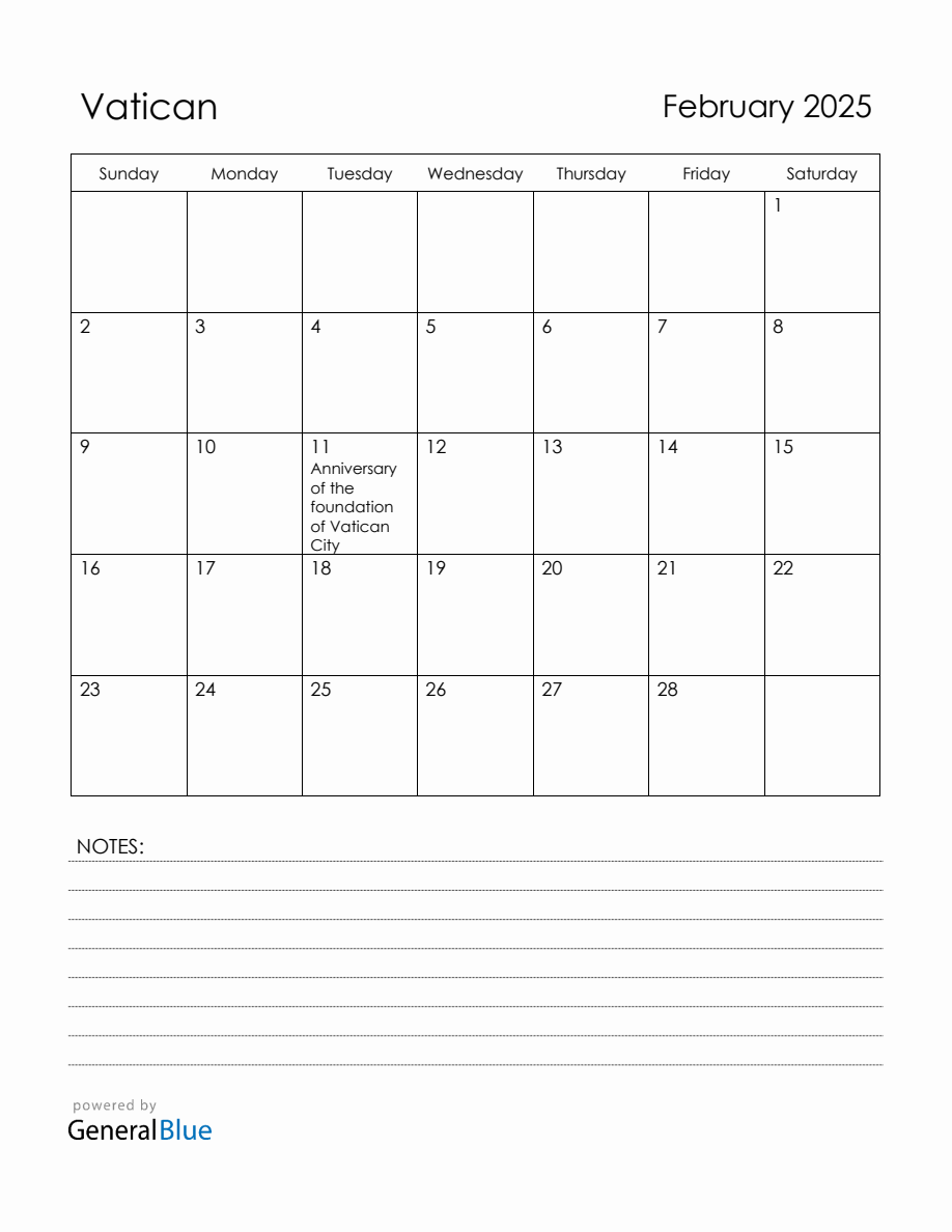 February 2025 Vatican Calendar with Holidays