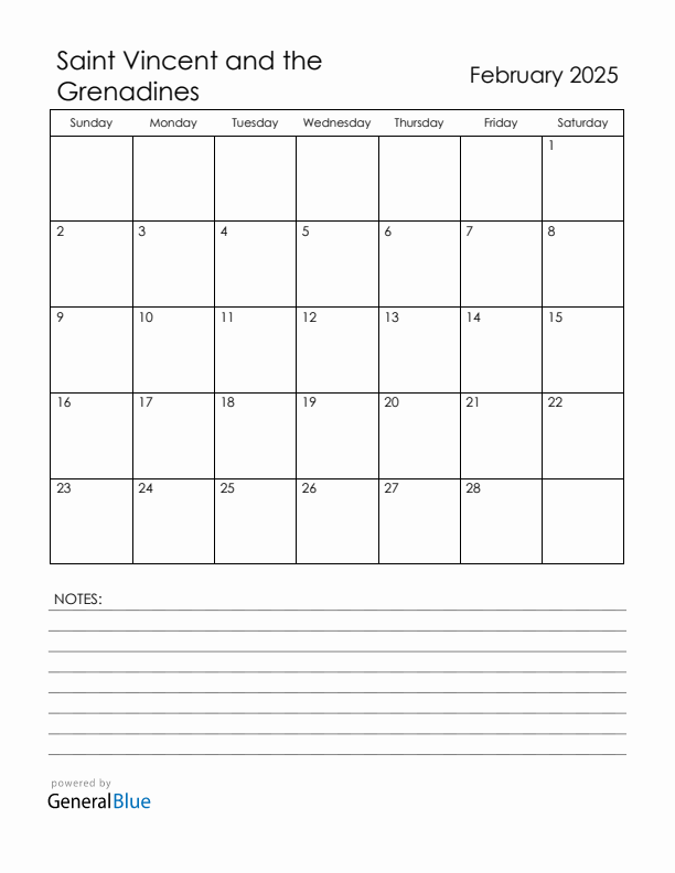February 2025 Saint Vincent and the Grenadines Calendar with Holidays (Sunday Start)
