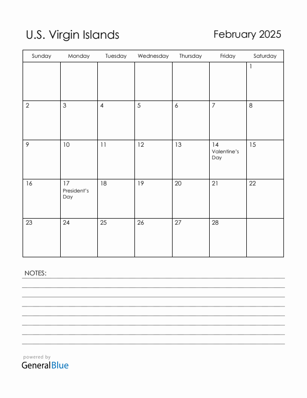 February 2025 U.S. Virgin Islands Calendar with Holidays (Sunday Start)