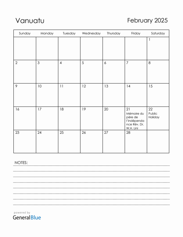February 2025 Vanuatu Calendar with Holidays (Sunday Start)