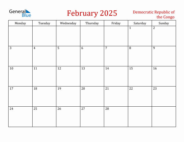 Democratic Republic of the Congo February 2025 Calendar - Monday Start