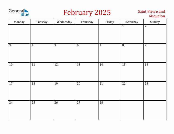 Saint Pierre and Miquelon February 2025 Calendar - Monday Start