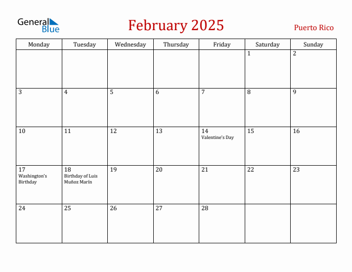 Puerto Rico February 2025 Calendar - Monday Start