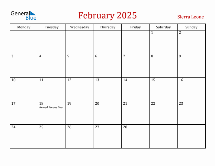Sierra Leone February 2025 Calendar - Monday Start