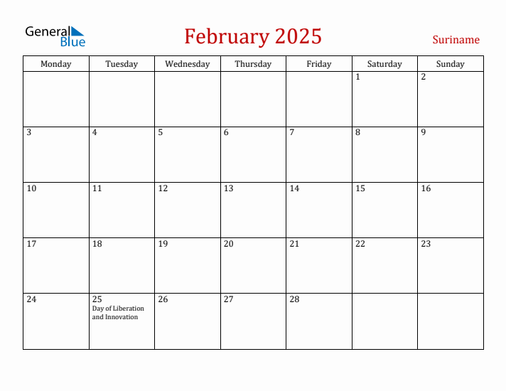 Suriname February 2025 Calendar - Monday Start
