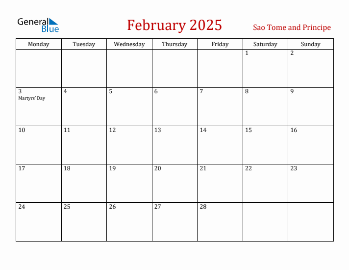 Sao Tome and Principe February 2025 Calendar - Monday Start