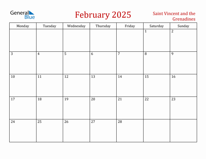 Saint Vincent and the Grenadines February 2025 Calendar - Monday Start