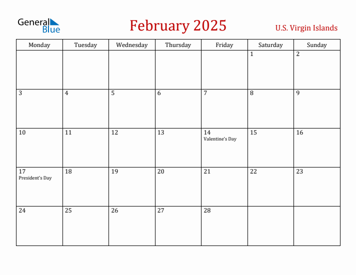 U.S. Virgin Islands February 2025 Calendar - Monday Start