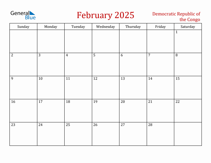 Democratic Republic of the Congo February 2025 Calendar - Sunday Start
