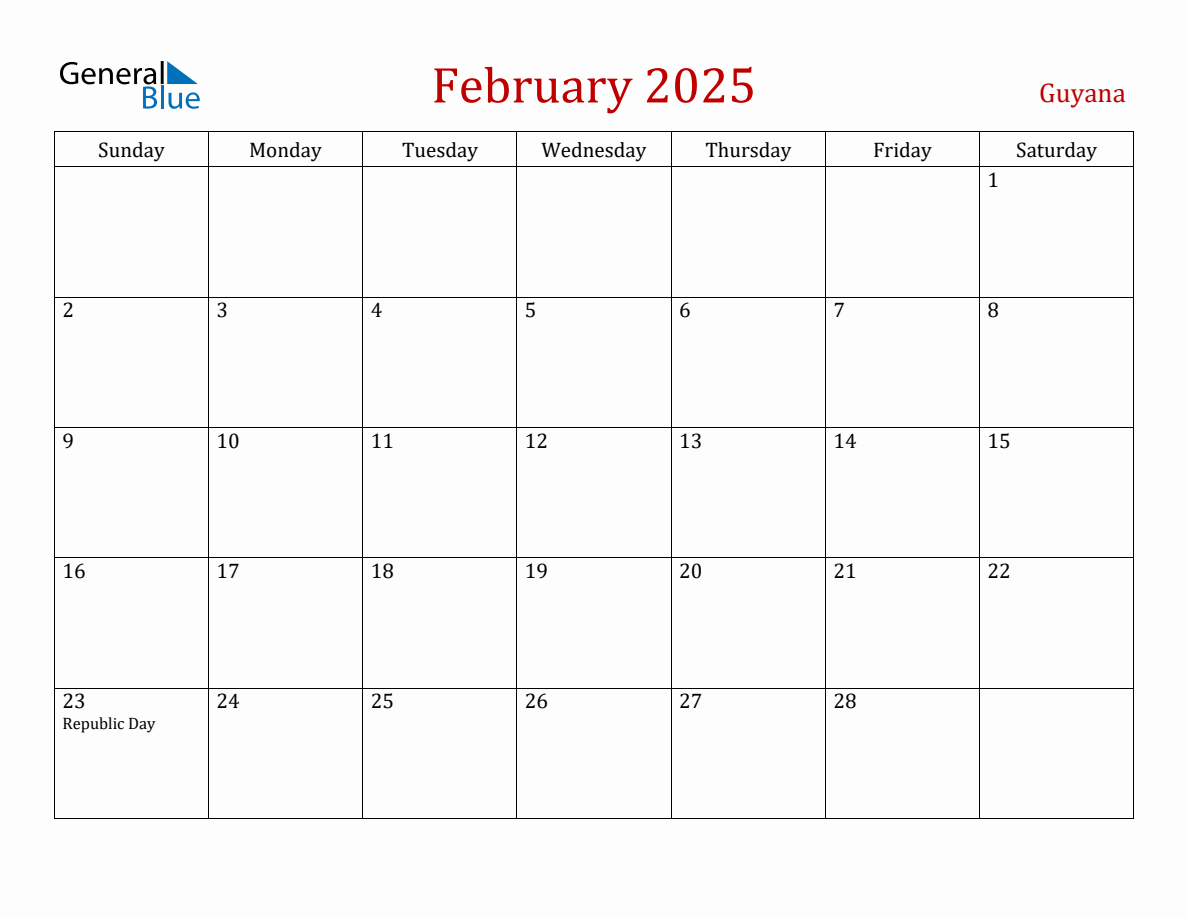 February 2025 Guyana Monthly Calendar with Holidays