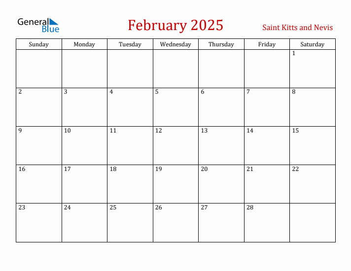 Saint Kitts and Nevis February 2025 Calendar - Sunday Start
