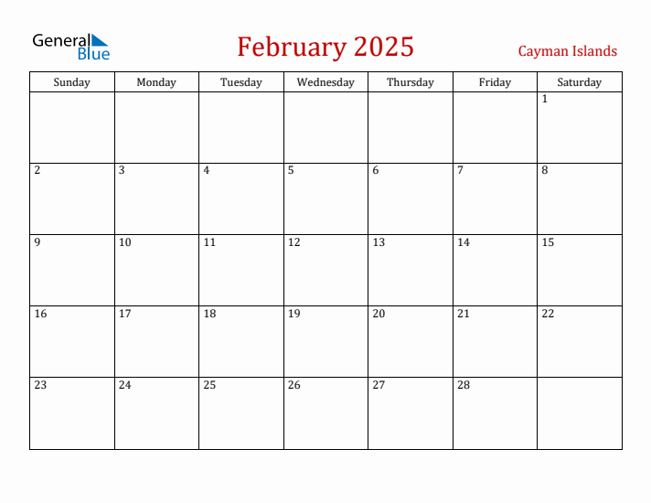 Cayman Islands February 2025 Calendar - Sunday Start