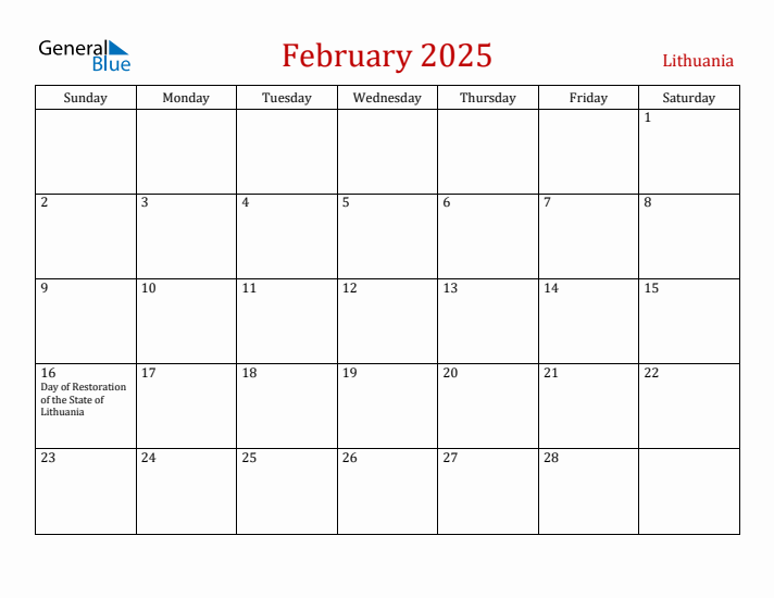 Lithuania February 2025 Calendar - Sunday Start