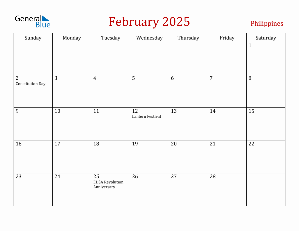 February 2025 Philippines Monthly Calendar with Holidays