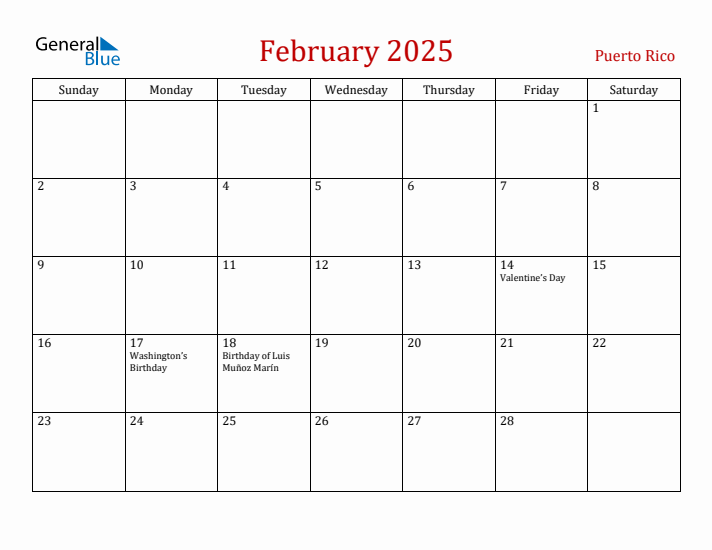 Puerto Rico February 2025 Calendar - Sunday Start