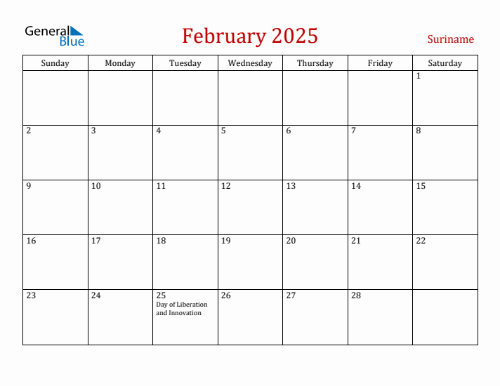 Suriname February 2025 Calendar - Sunday Start