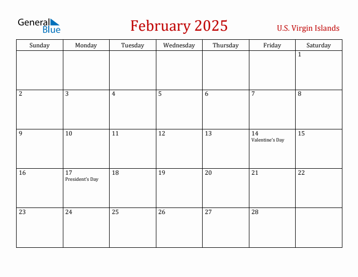 U.S. Virgin Islands February 2025 Calendar - Sunday Start