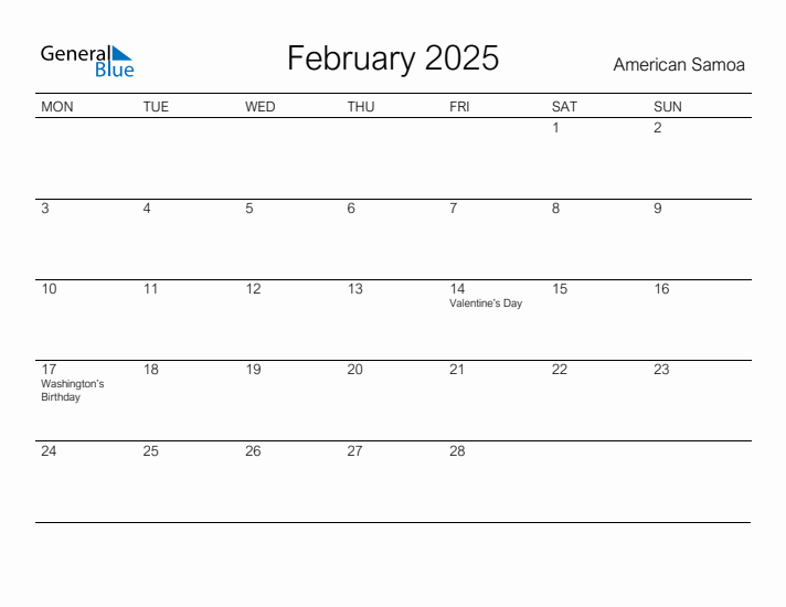 Printable February 2025 Calendar for American Samoa